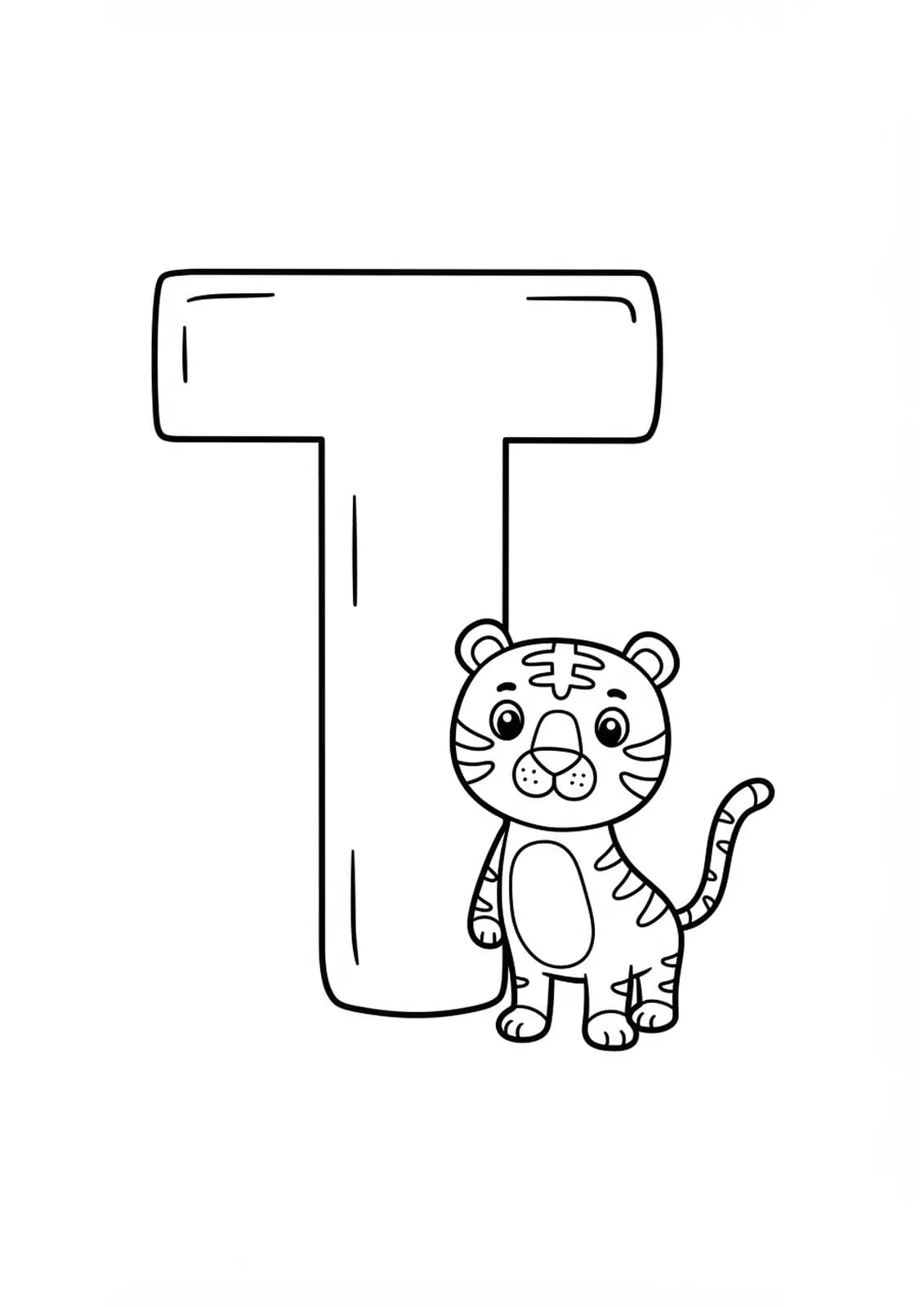 Large letter T with a smiling cartoon tiger standing next to it.