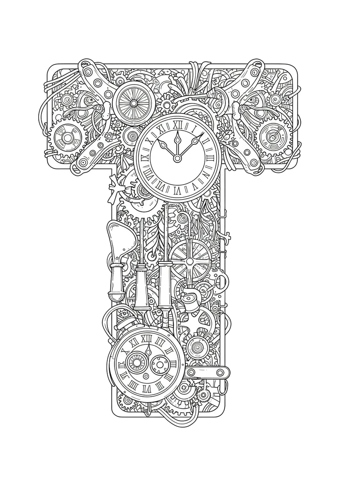 Letter T intertwined with complex steampunk clock mechanisms, gears, and Victorian patterns, designed for adults.