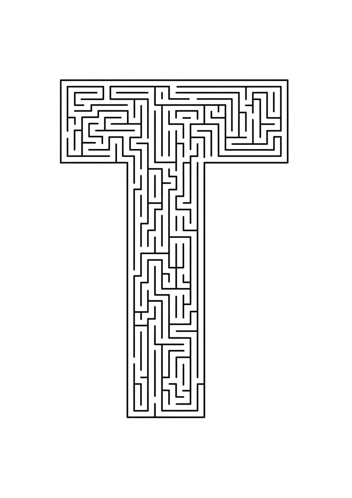 Letter T constructed from an elaborate labyrinth maze pattern with complex pathways for adult coloring.