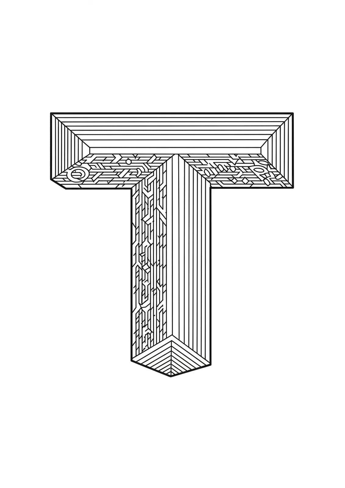 Complex Letter T with optical illusion geometric shapes, tessellations, and 3D patterns, hard coloring page for teens.