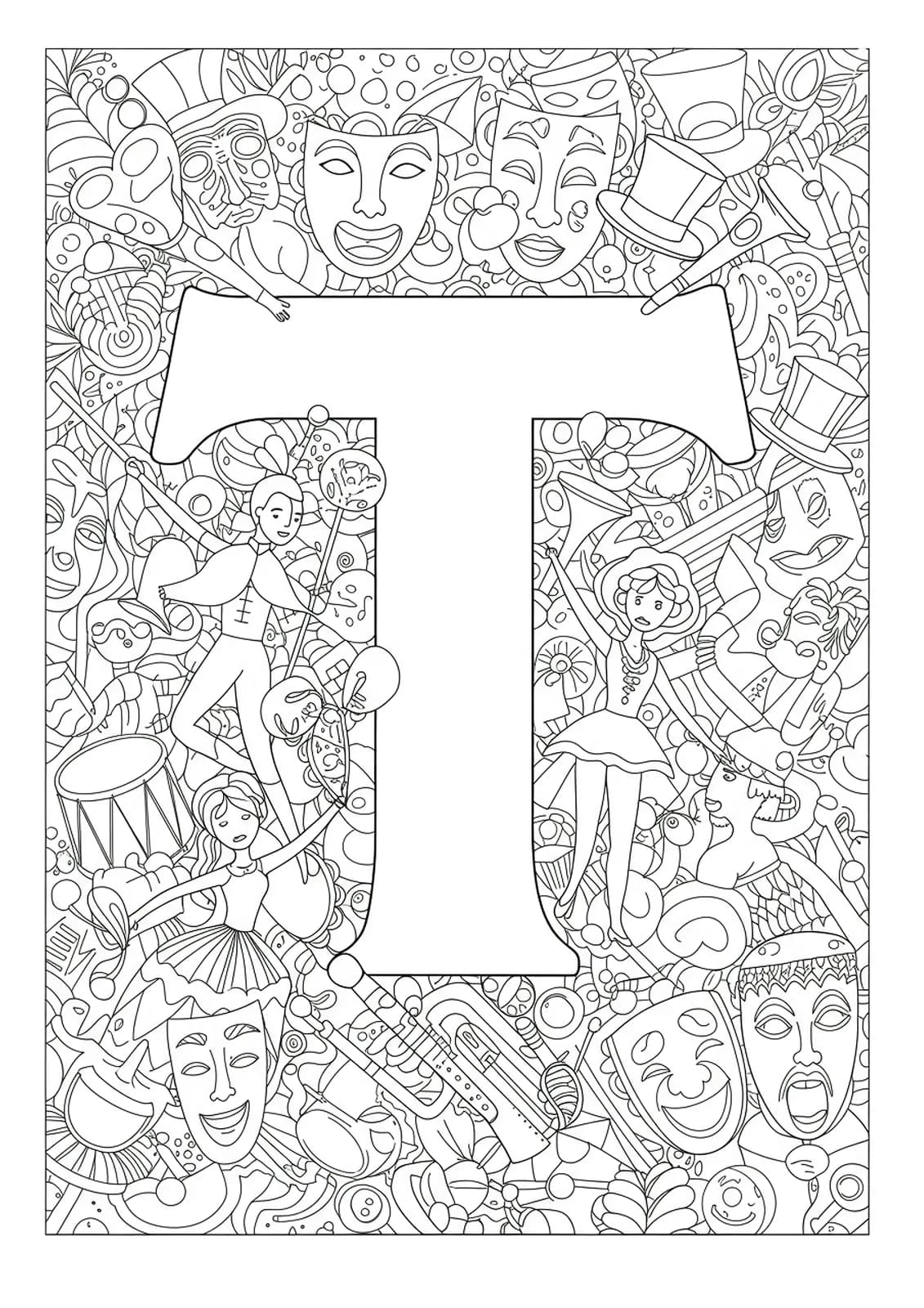 Letter T with dancers, trumpets, tambourines, top hats, and theater masks
