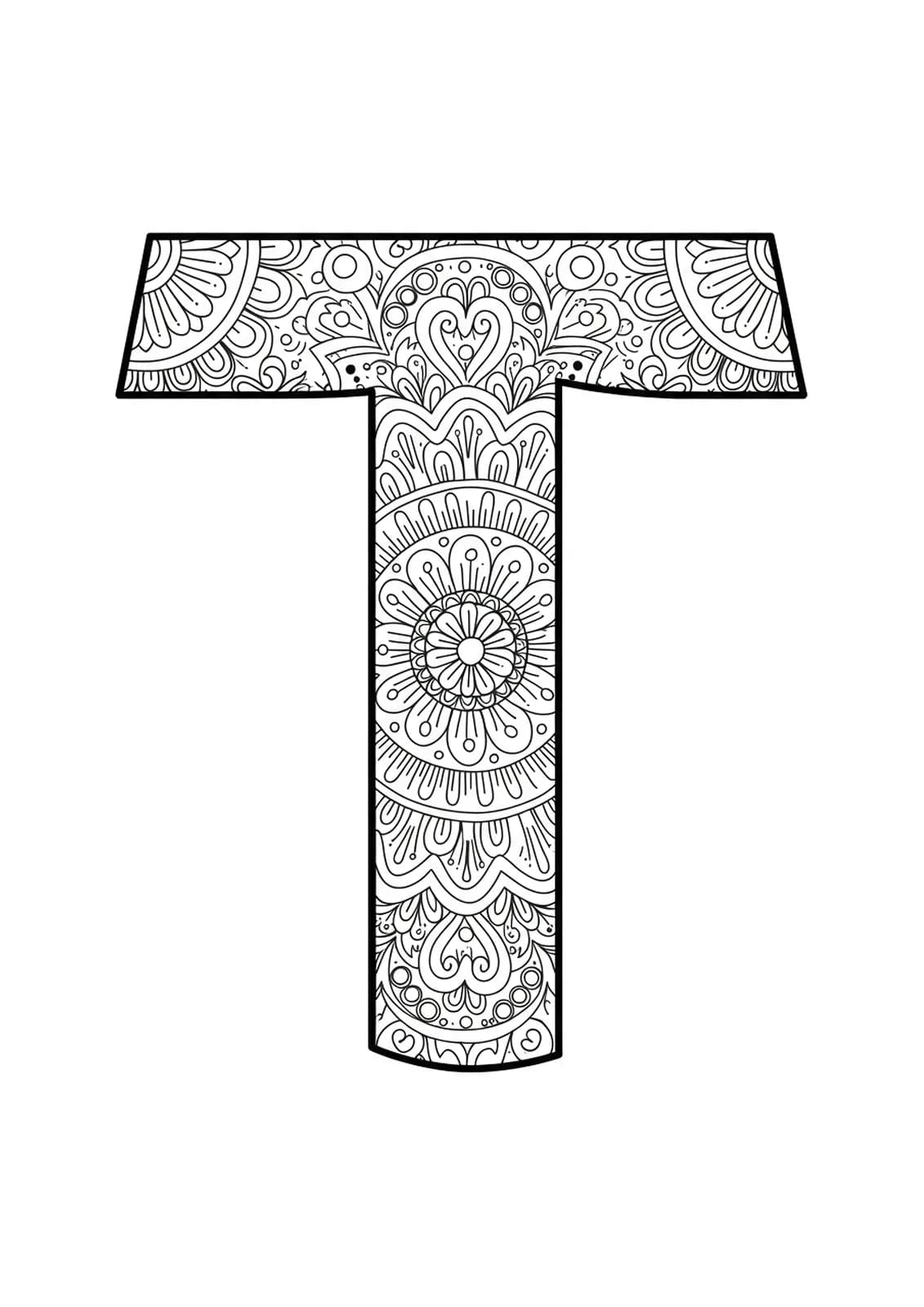 Letter T filled and surrounded by mandala patterns and shapes, medium detail for adult coloring.