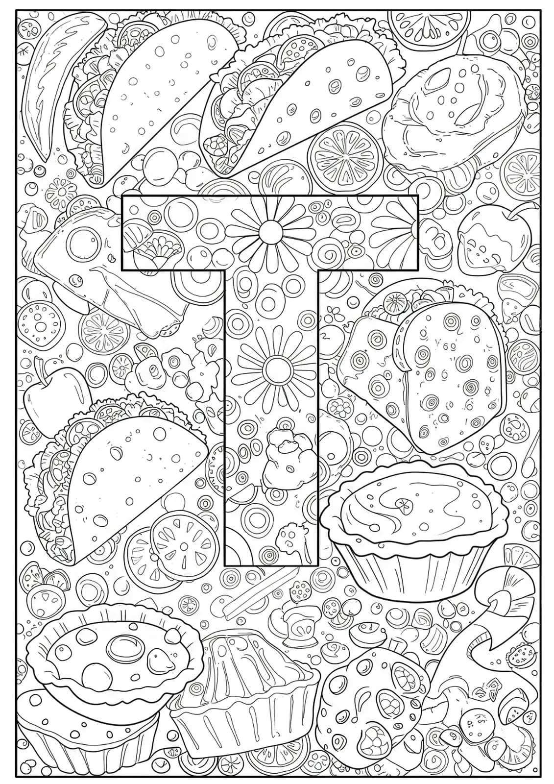 Letter T coloring page with detailed images of tacos, toast, and tarts, featuring hard-level intricate line art.