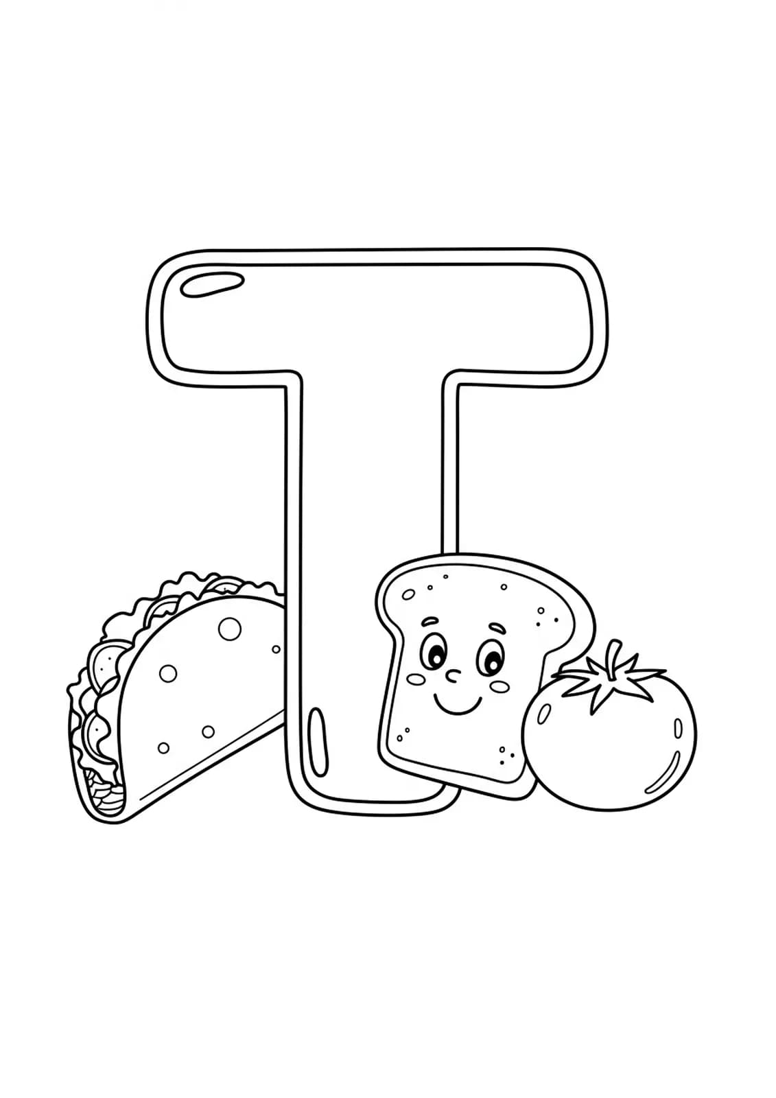 Big letter T with cartoon taco, toast, and tomato illustrations around it.