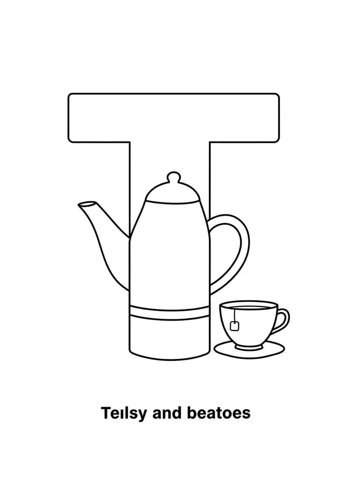 Easy coloring page showing a large letter T with a teapot and teacup for preschoolers.