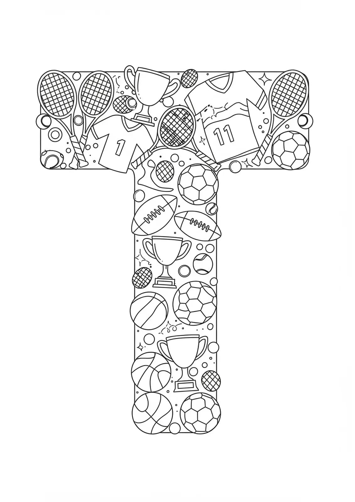 Letter T coloring page with detailed sports equipment, jerseys, tennis rackets, and trophies for preschool kids.