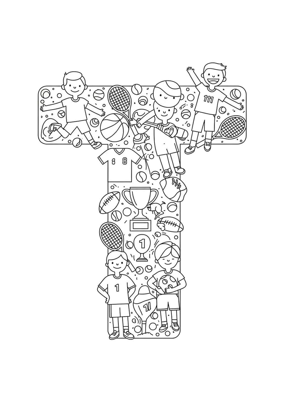 Letter T with sports players, trophies, tennis rackets, and team jerseys