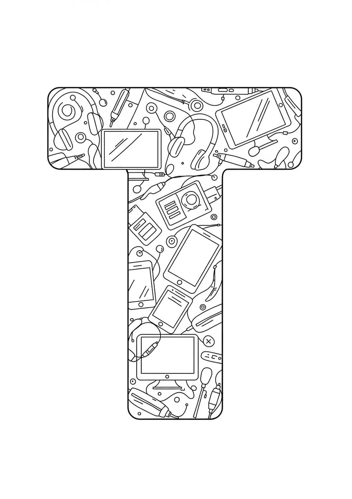 Black and white line art of the letter T decorated with tech gadgets like headphones, smartphones, and tablets, medium detail level for teens.