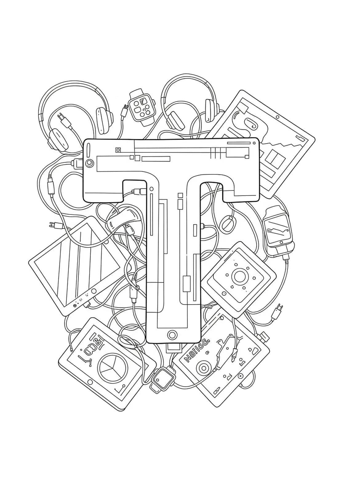 Letter T surrounded by detailed outlines of technology gadgets like tablets and headphones, medium detail for adults.