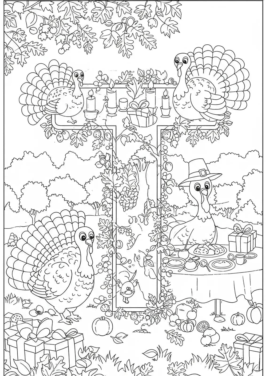 Letter T coloring page with turkeys, Thanksgiving table, and autumn leaves, with intricate holiday details.