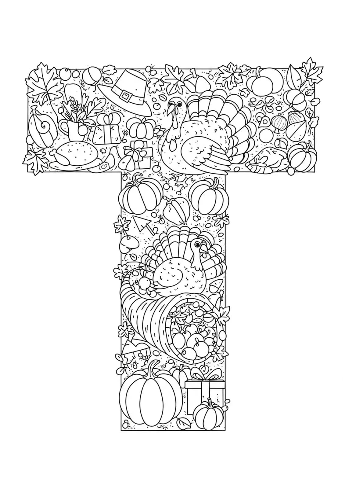 Letter T with Thanksgiving food, turkeys, pumpkins, and autumn leaves