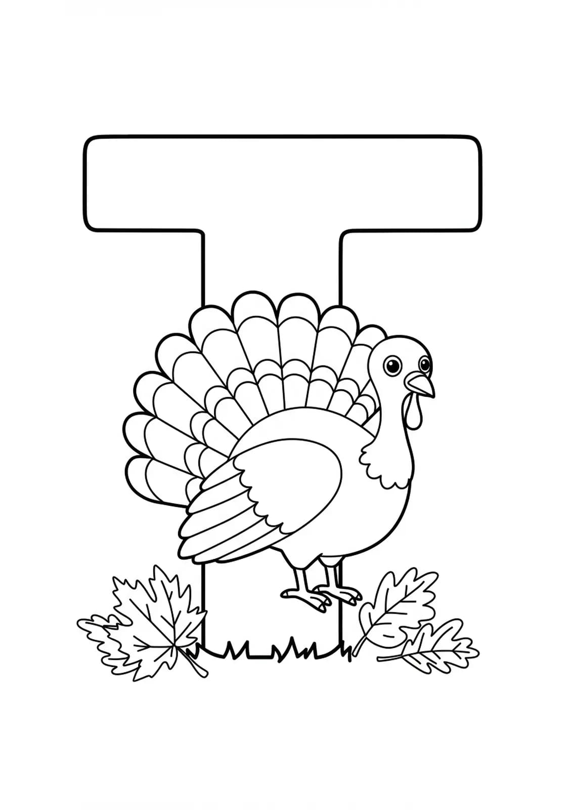 A large letter T with a simple cartoon turkey beside it, surrounded by autumn leaves.