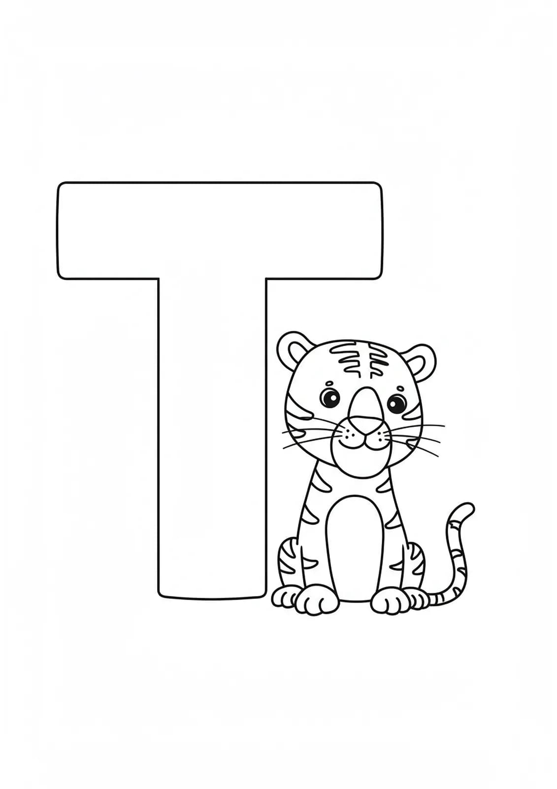 Coloring page with a large letter T and a simple, smiling tiger for preschool children.