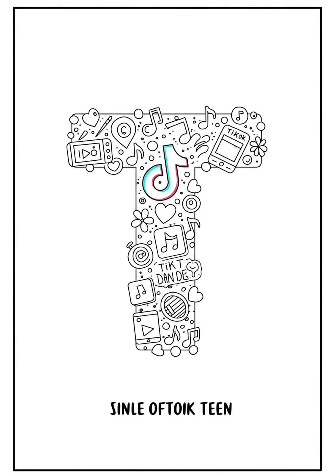 Black and white line art of the letter T with TikTok-inspired patterns, music notes, and app icons, medium complexity for teens.