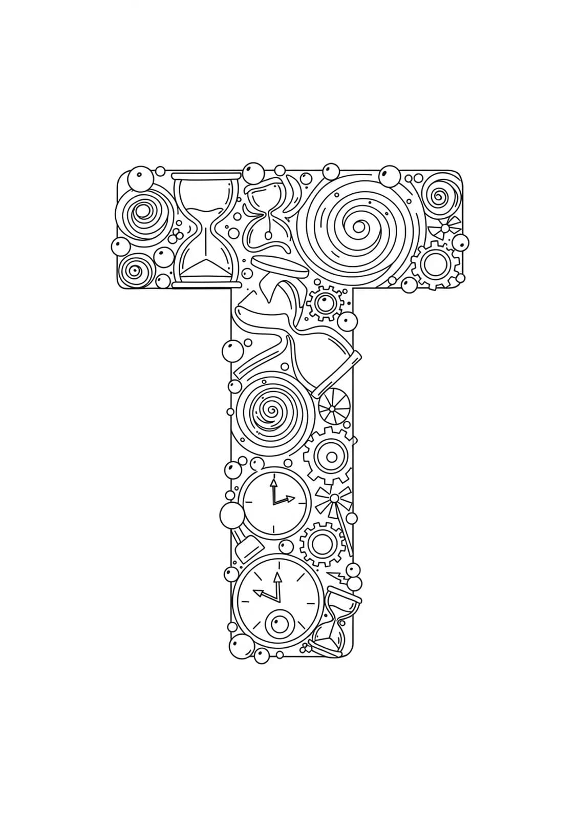 Black and white line art of the letter T with hourglasses, clocks, gears, and time portals, medium detail for teens.