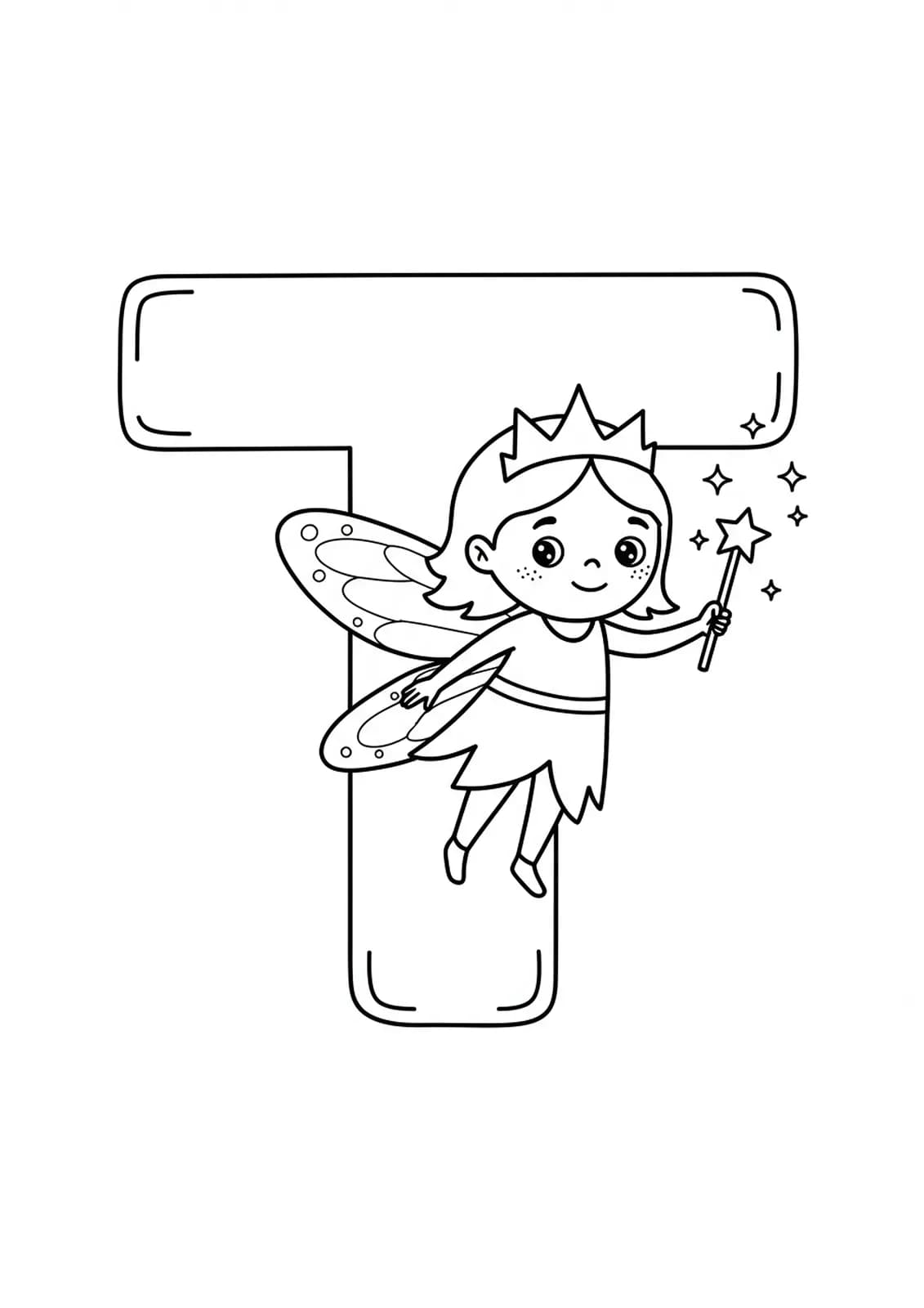 Large letter T with a smiling tooth fairy holding a tooth and a magic wand.