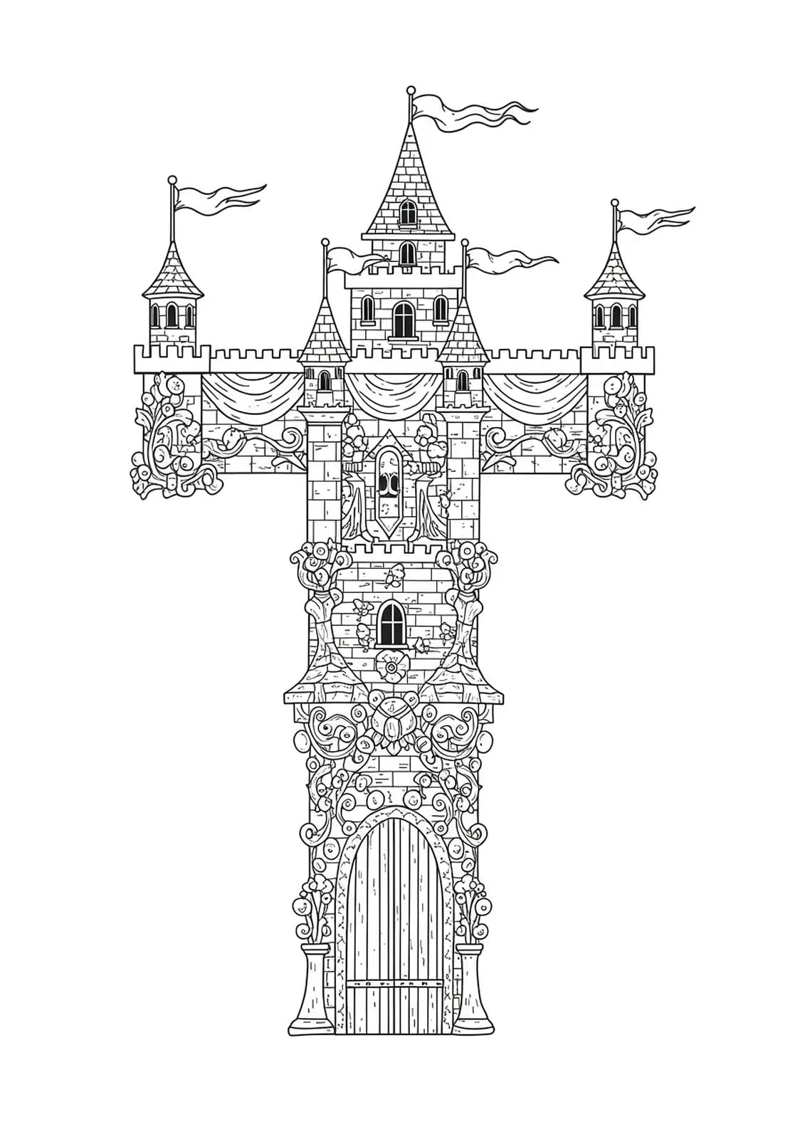 Letter T incorporated in a detailed castle with towers, flags, and fantasy decorations for preschool coloring.