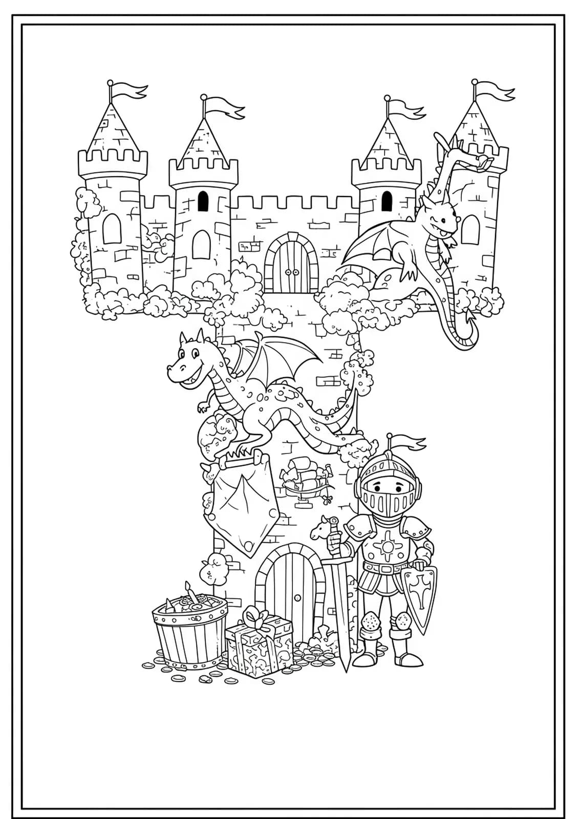 Letter T with castle towers, dragons, knights, and treasure