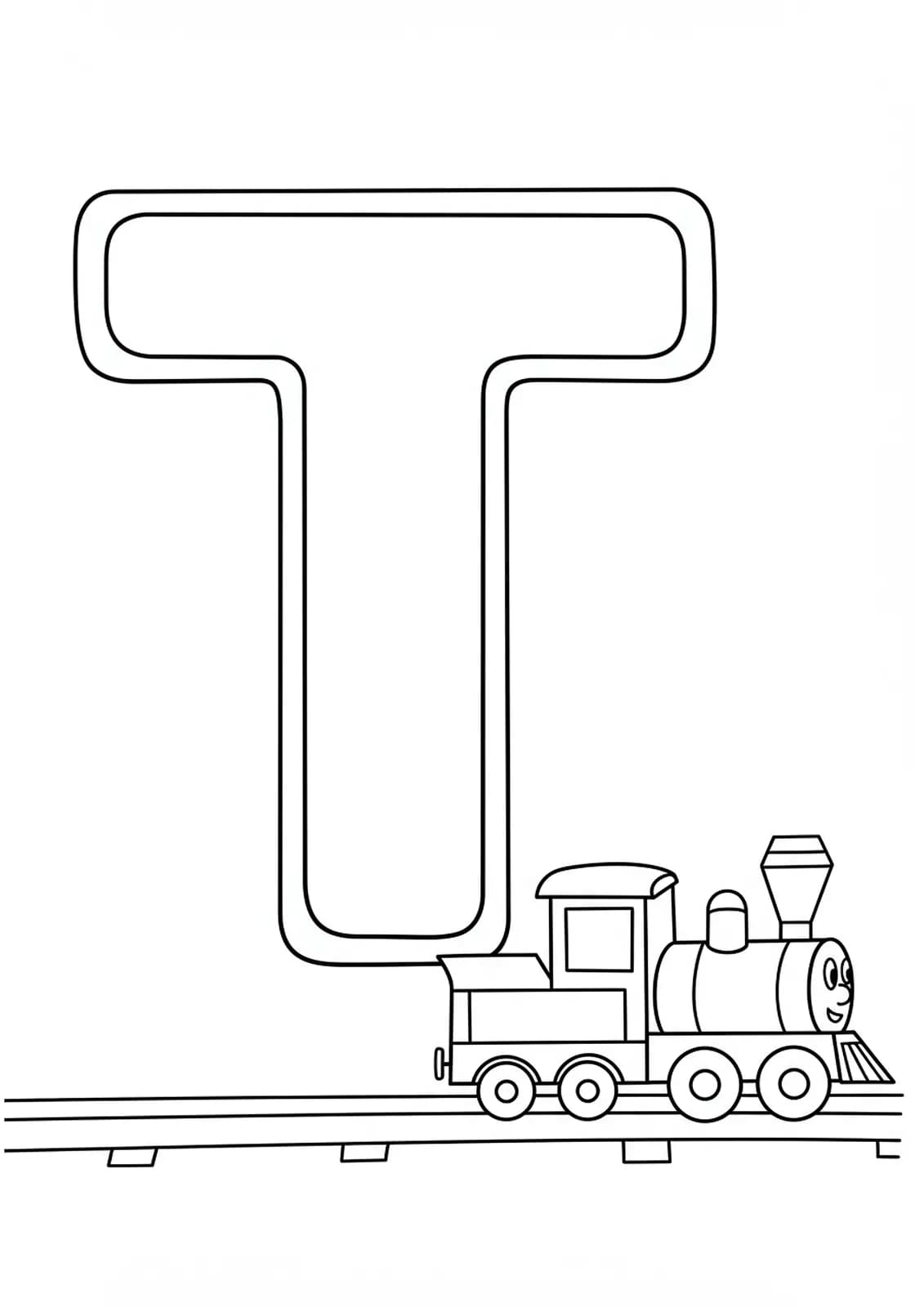Easy coloring page depicting a large letter T and a simple toy train, suitable for preschoolers.