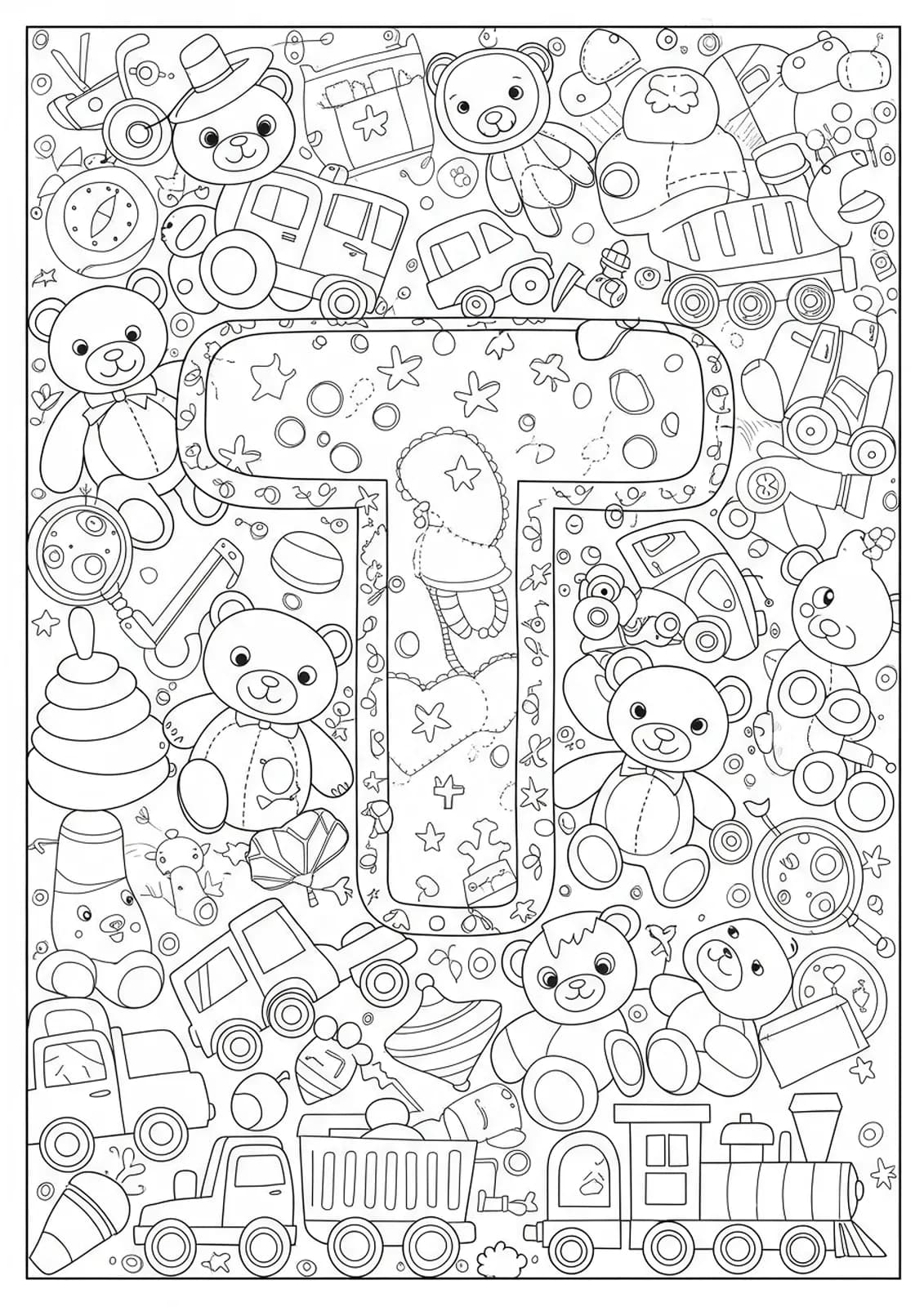 Letter T coloring page filled with intricate drawings of teddy bears, toy trucks, and toys for preschool children.