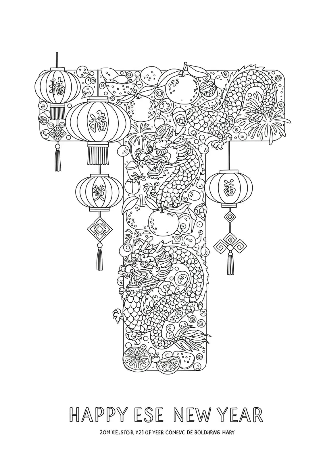 Letter T coloring page with detailed Chinese lanterns, dragons, tangerines, and fireworks for preschoolers.