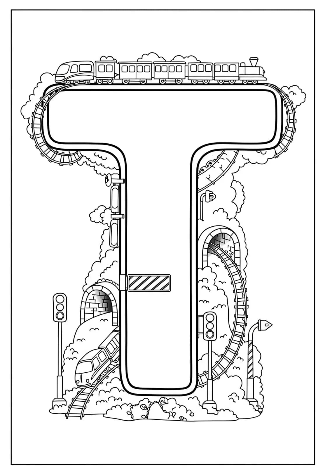 Letter T with trains, tracks, tunnels, and traffic lights