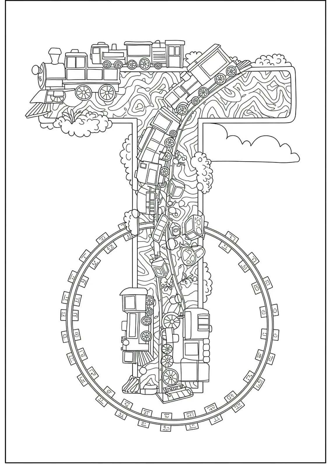 Intricate letter T coloring page with trains and railroad tracks, filled with detailed patterns, for preschool kids.