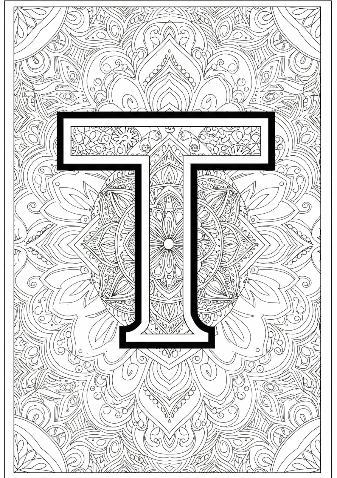 Easy mandala Letter T coloring page for adults with simple patterns