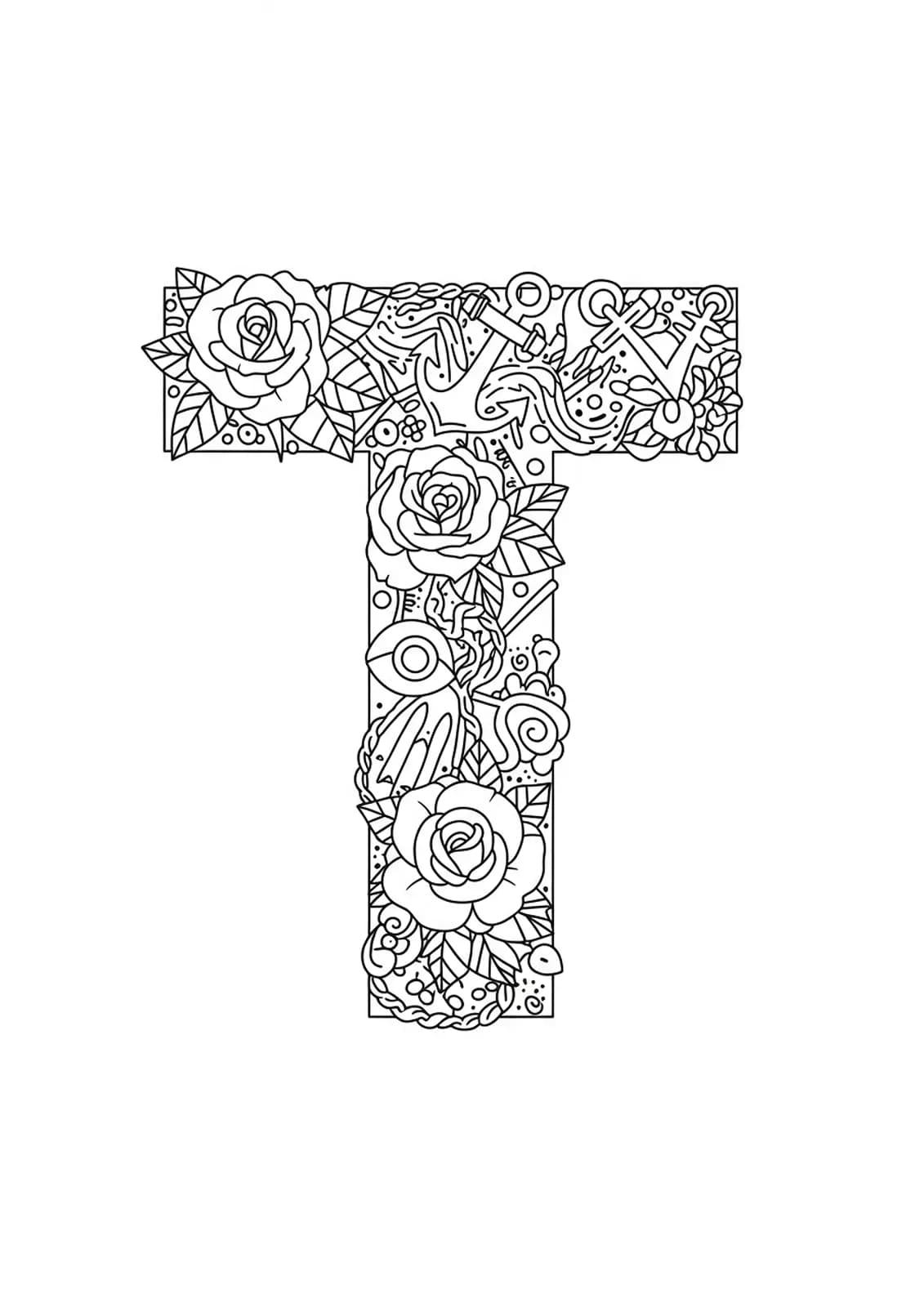 Black and white line art of the letter T surrounded by tattoo-style elements like roses, anchors, and symbols, medium complexity for teens.