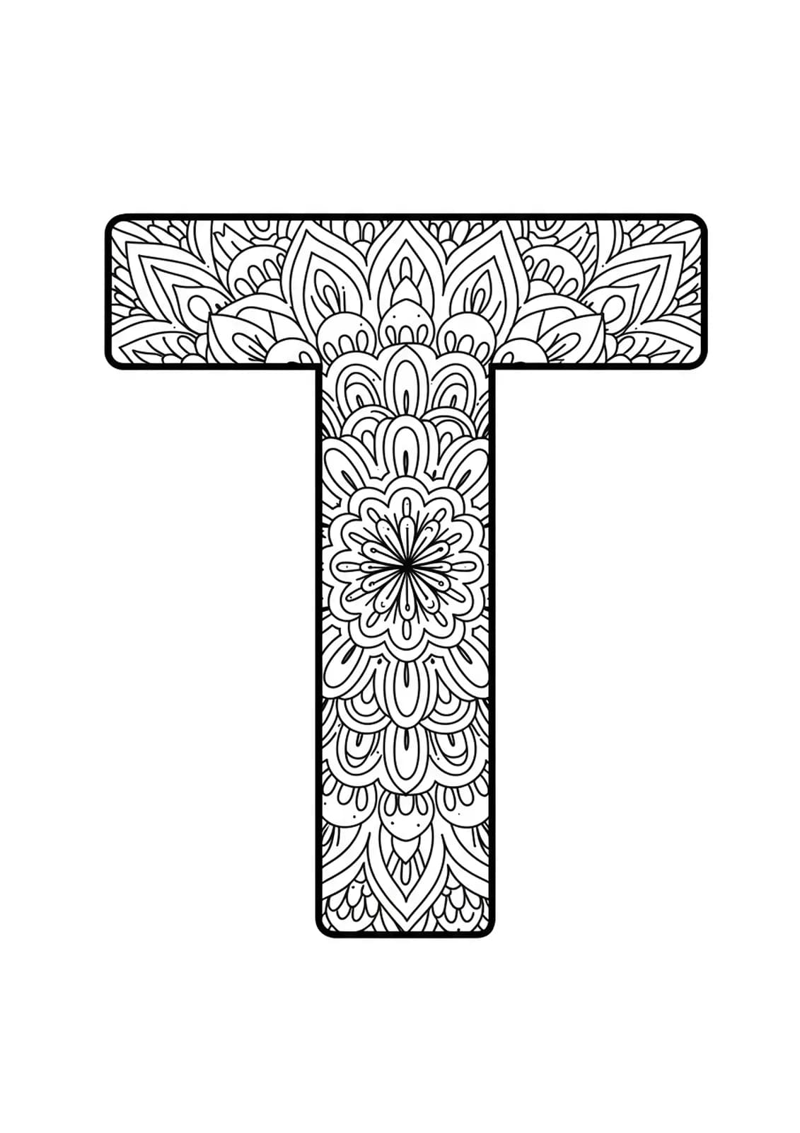 Easy coloring page of the letter T with minimalist mandala patterns for teens.