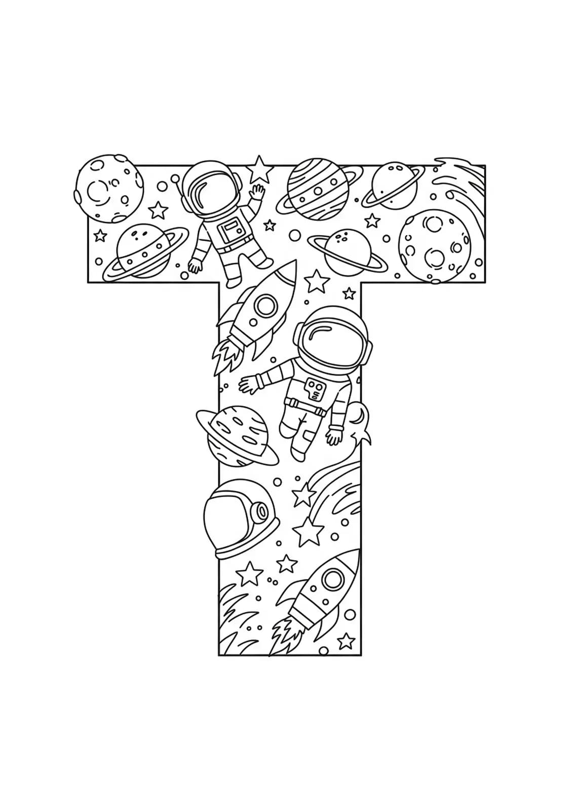 Easy coloring page of the letter T with space exploration icons like rockets, planets, and astronaut helmets for teens.