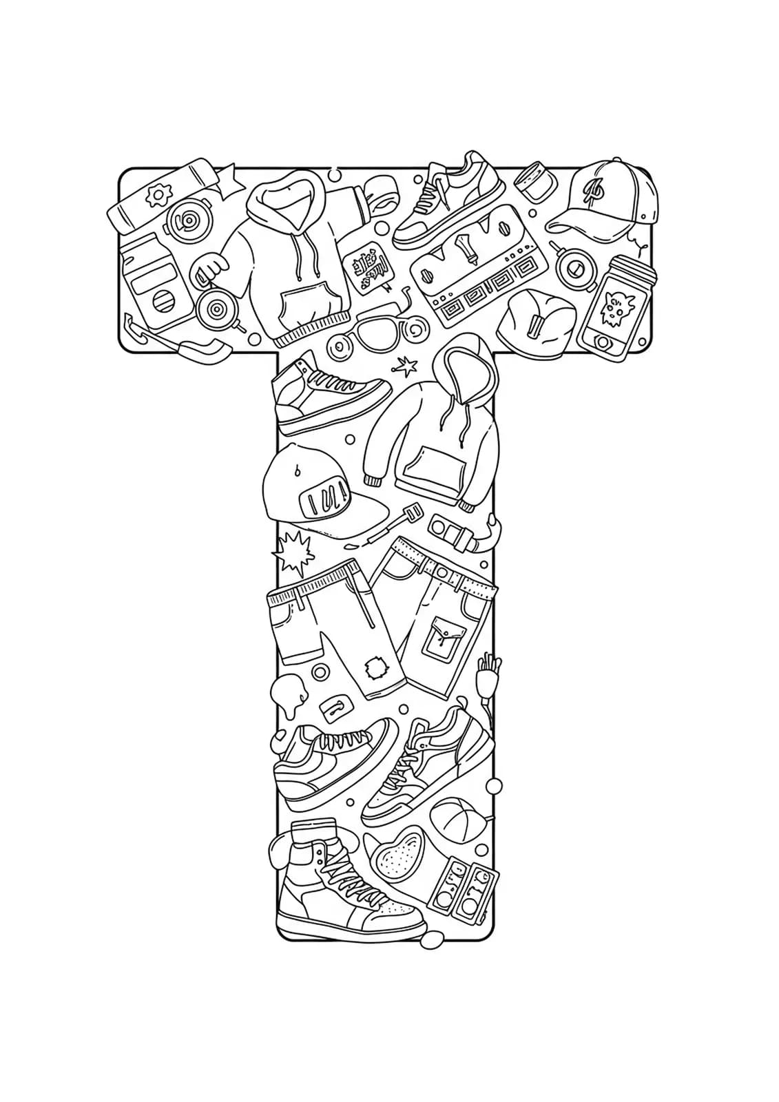 Black and white line art of the letter T adorned with street fashion items like sneakers, hoodies, and caps, medium complexity for teens.