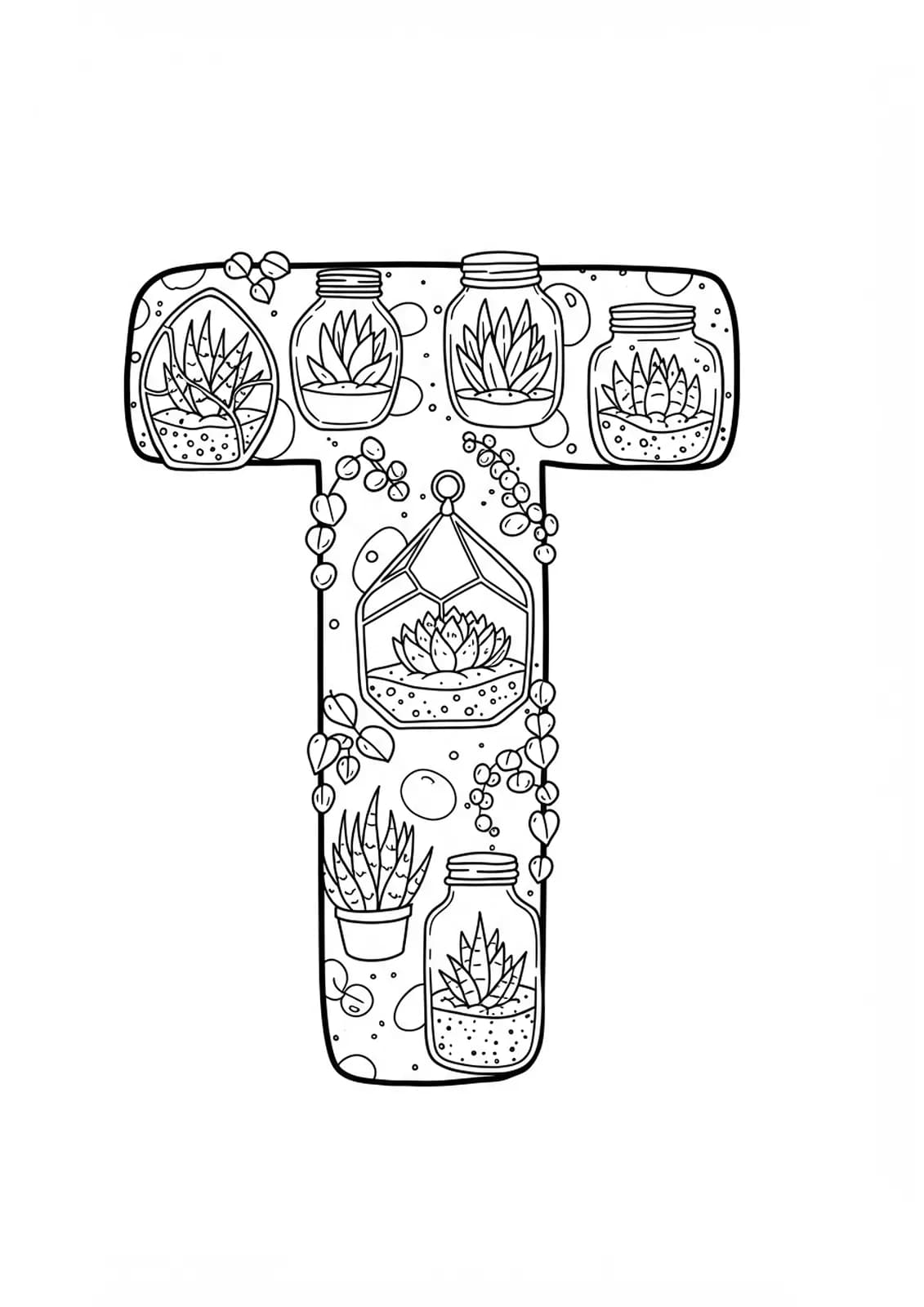 Black and white line art of the letter T with terrariums, succulents, and decorative plants, medium complexity for teens.