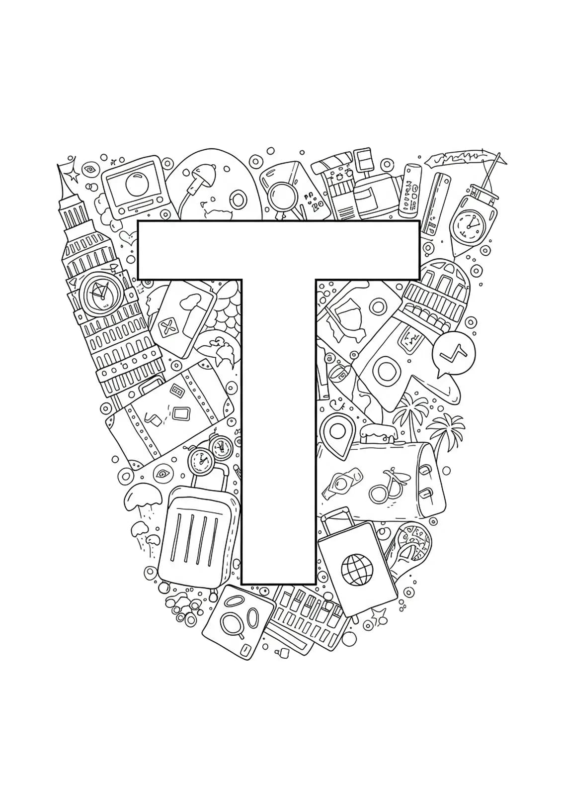Black and white line art of the letter T with famous landmarks, suitcases, and travel icons, medium detail for teens.