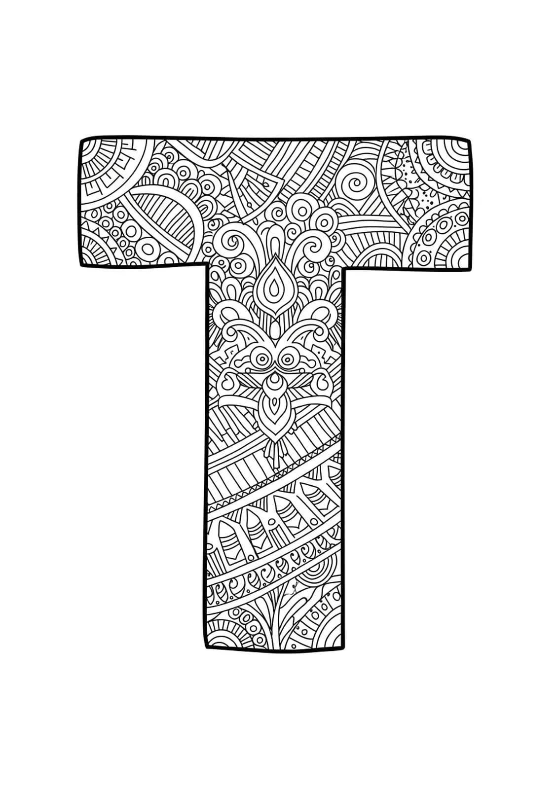 Letter T decorated with tribal patterns, geometric motifs, and symmetrical designs, medium detail for adults.