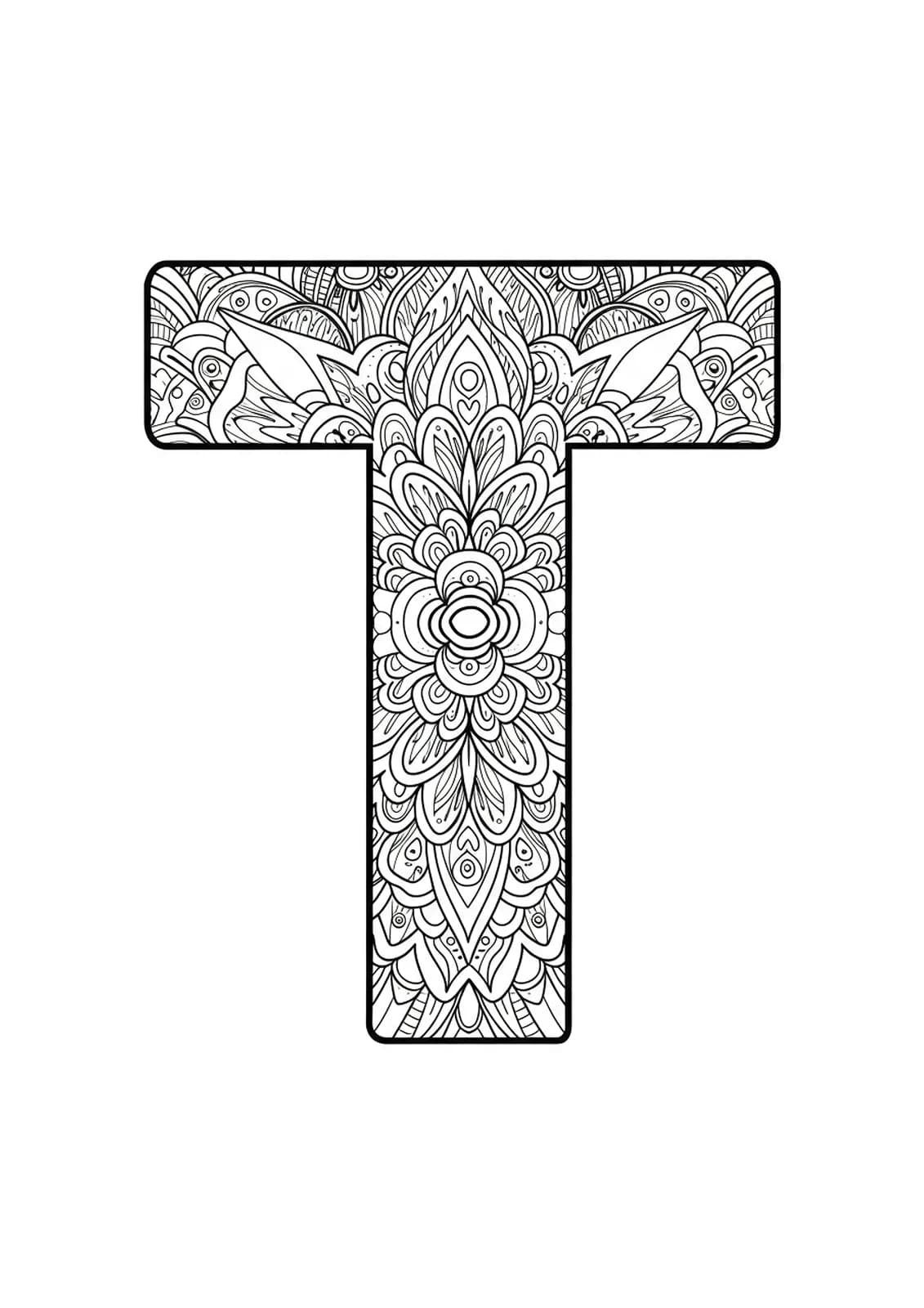 Intricate letter T filled with complex tribal tattoo patterns in detailed line art for adults to color.