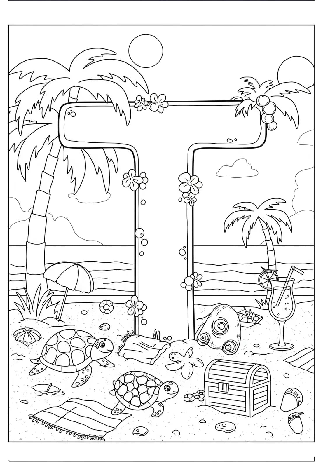 Letter T with palm trees, turtles, towels, and treasure on a beach