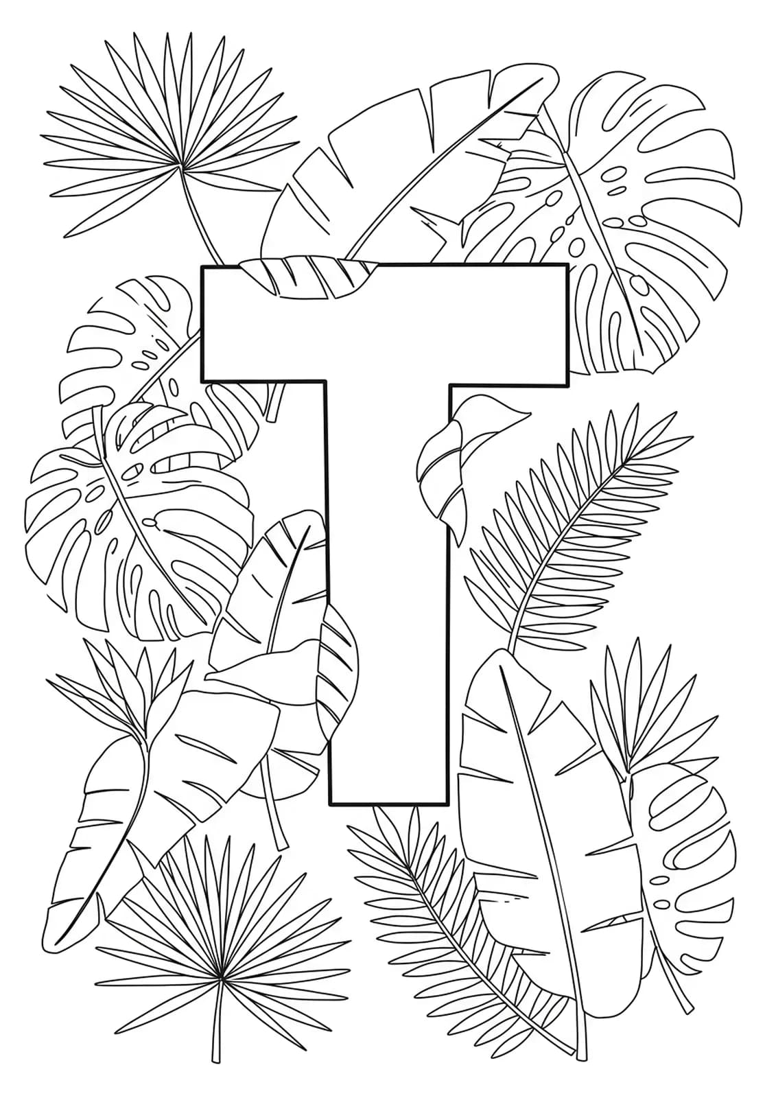 Letter T surrounded by easy tropical leaf outlines