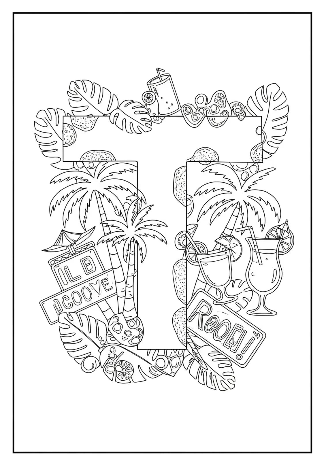 Black and white line art of the letter T with palm trees, neon lights, and tropical drinks, medium detail for teens.