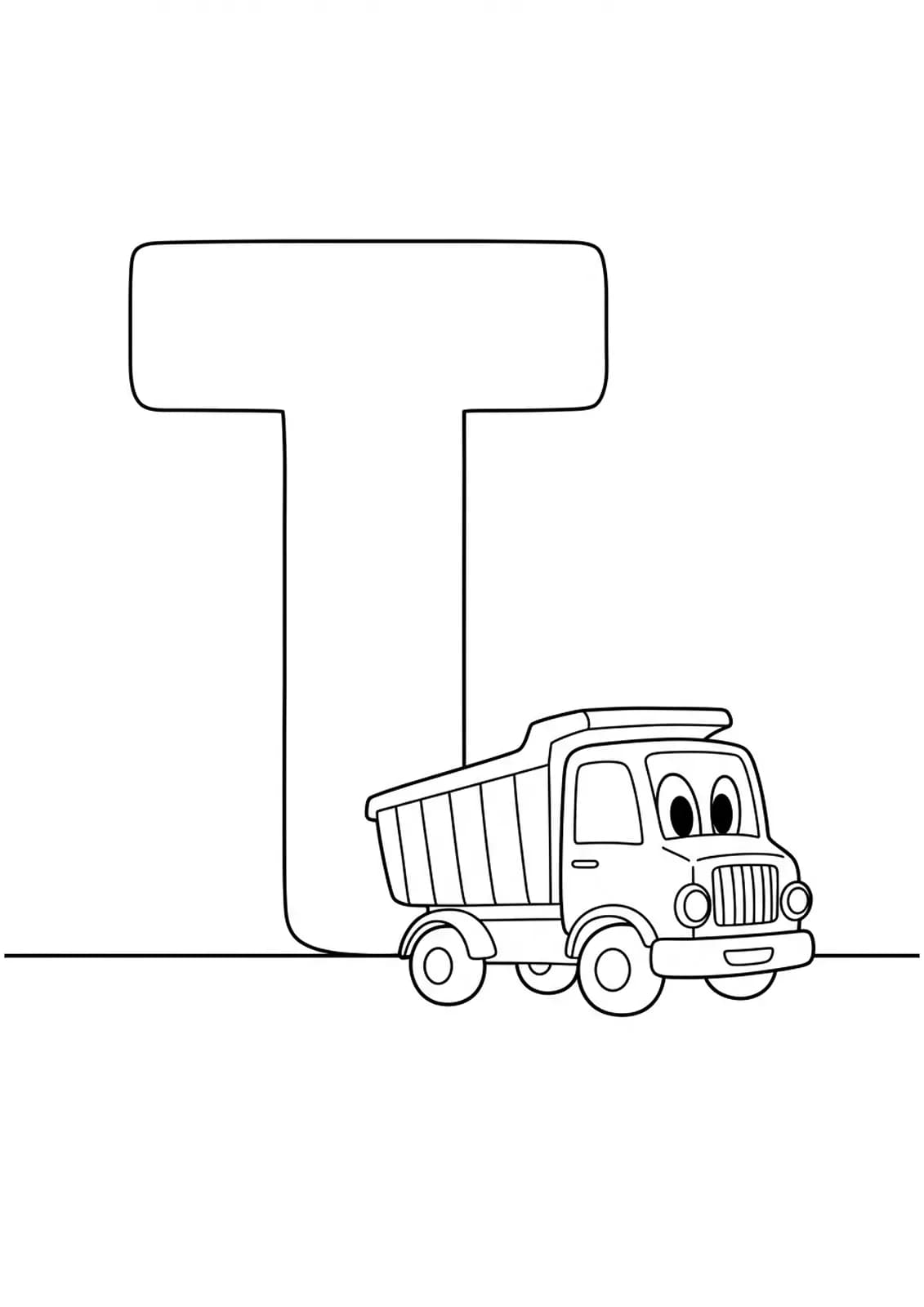 Simple coloring page with a big letter T and a smiling truck, easy for preschool children.