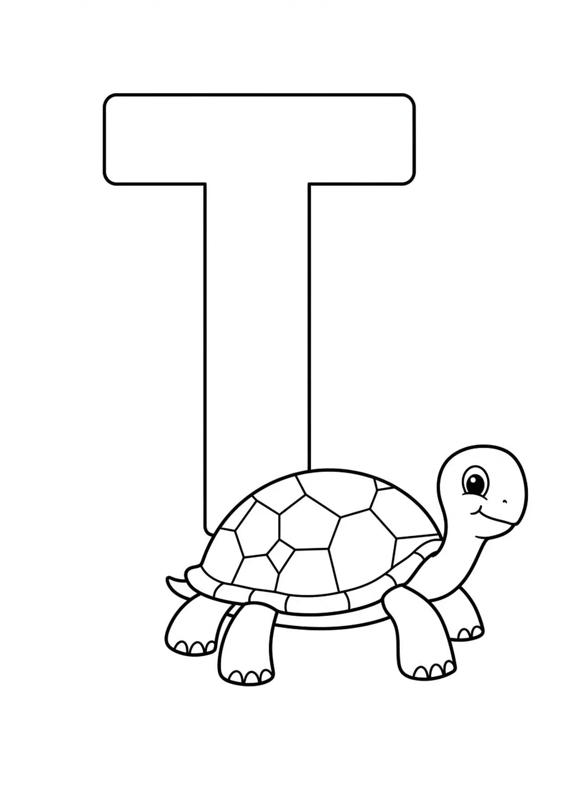 Large letter T next to a smiling simple turtle, easy shapes for preschool coloring.