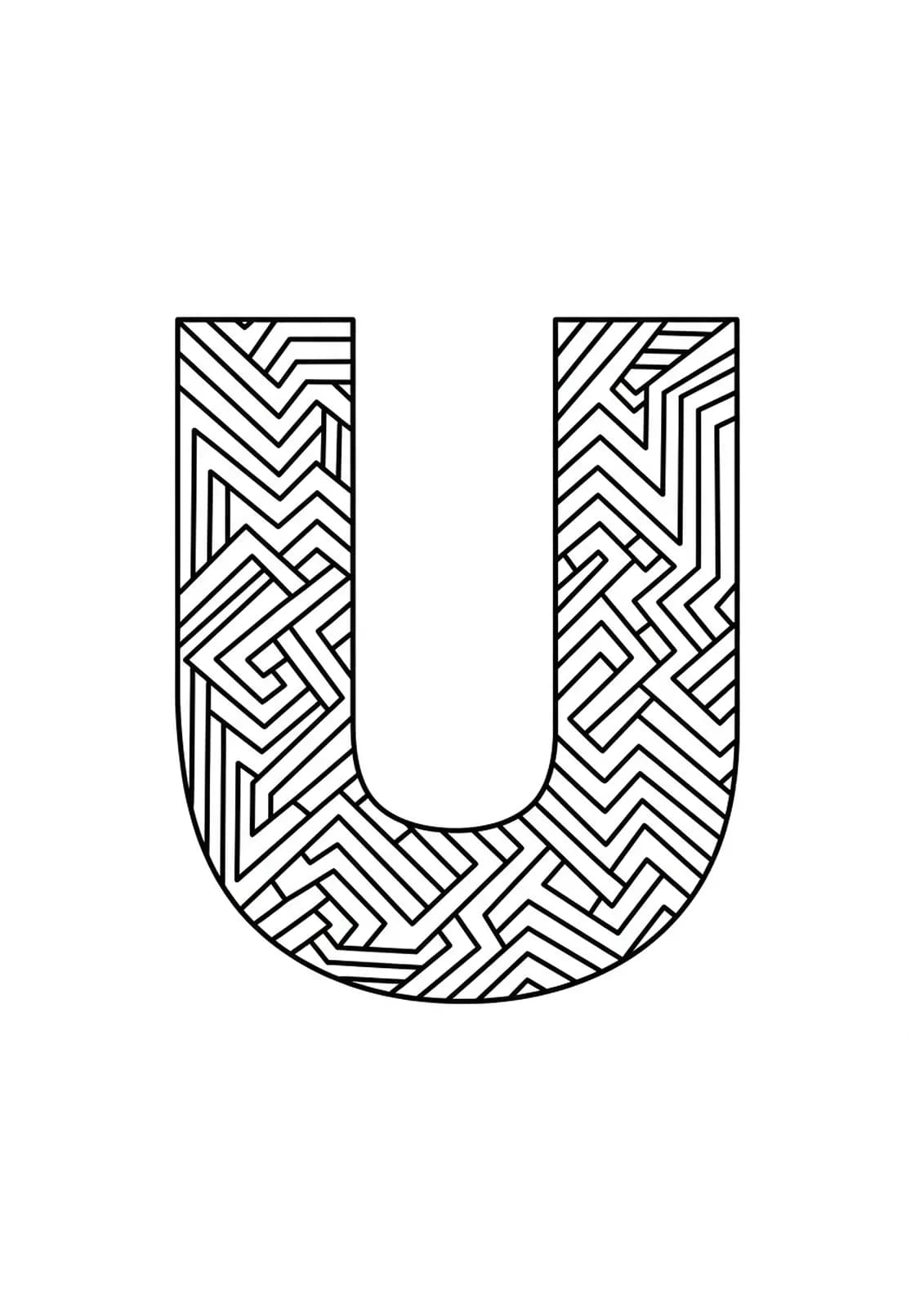 Optical illusion coloring page with letter U and intricate abstract patterns.