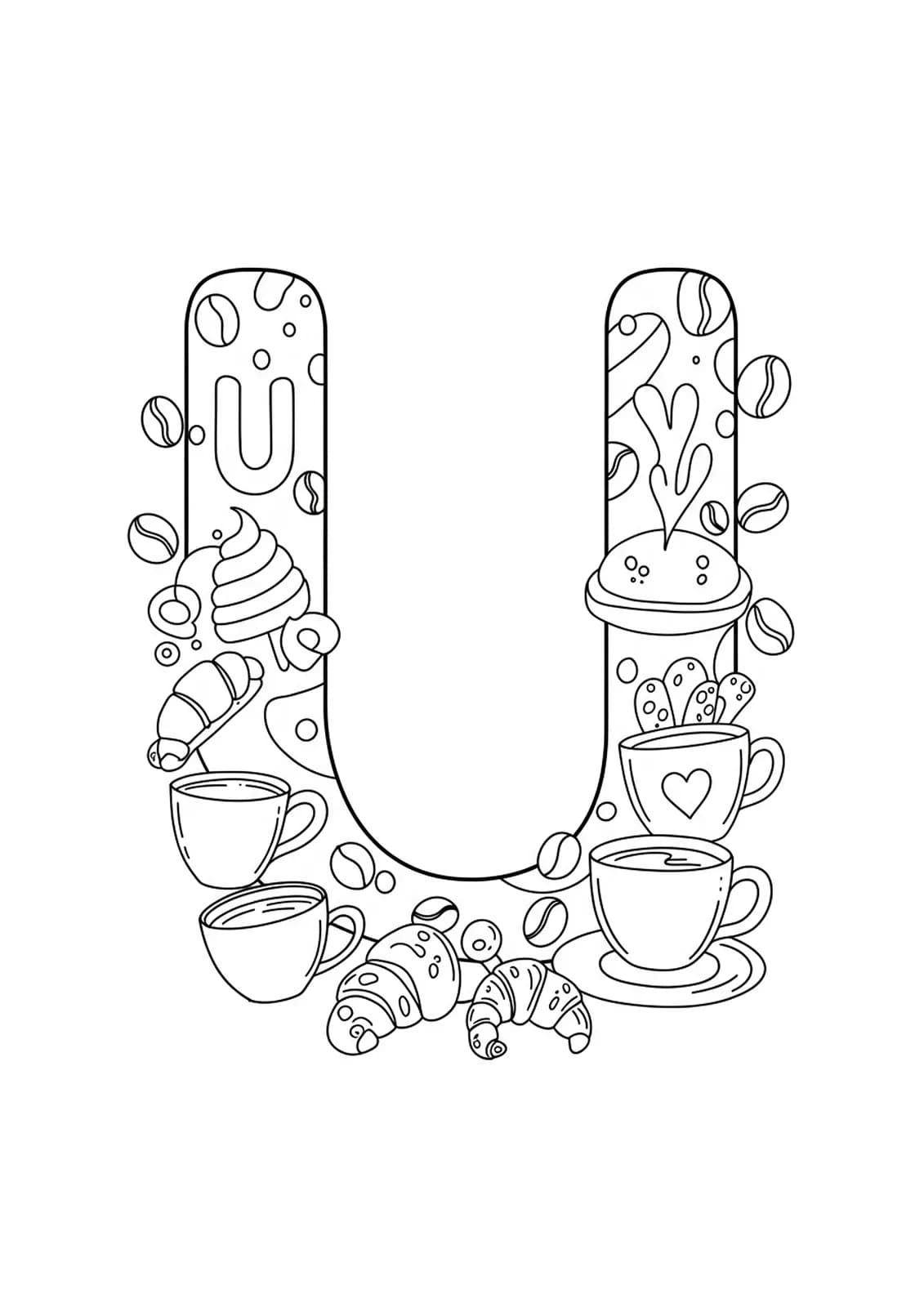 Letter U next to easy-outlined coffee cups and pastries in an urban café setting.