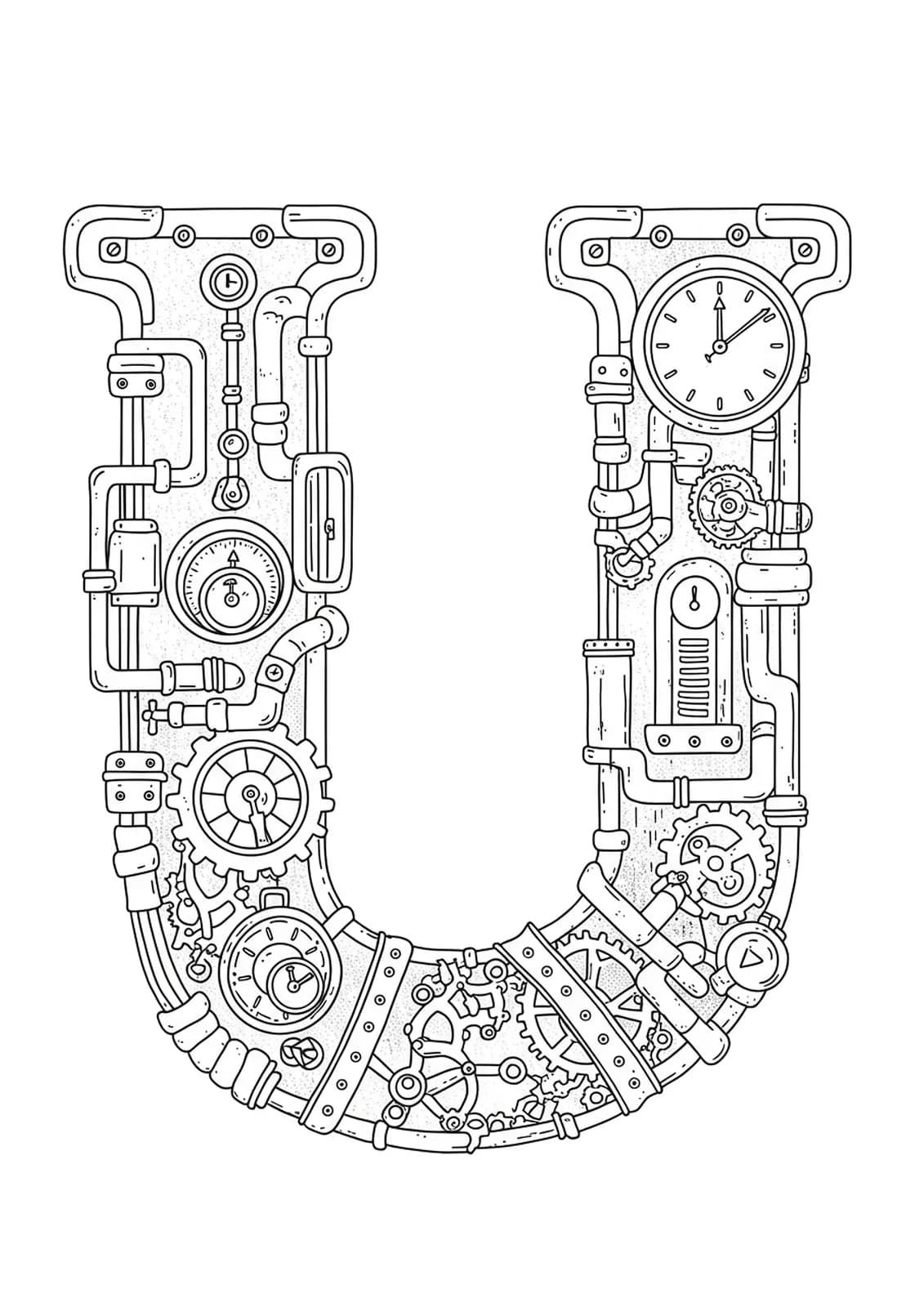 Intricate letter U steampunk coloring page with gears, pipes, and mechanical details.
