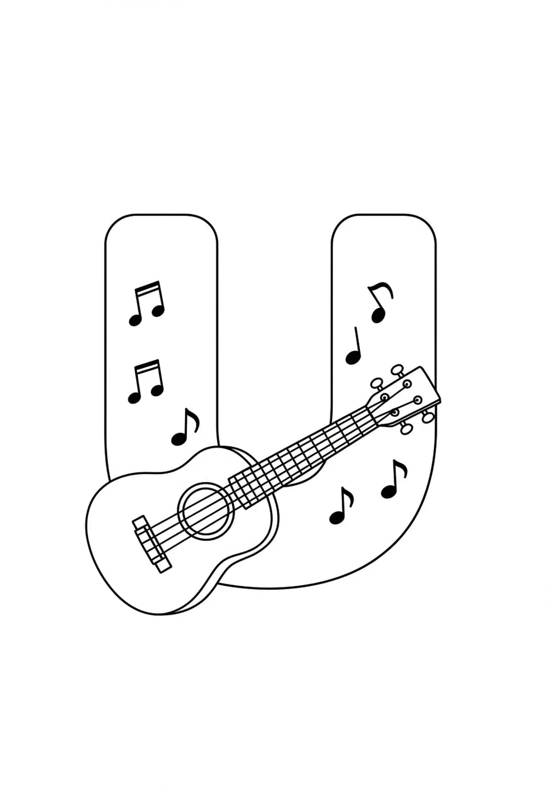 Large letter U with a simple ukulele and music notes for preschool coloring.