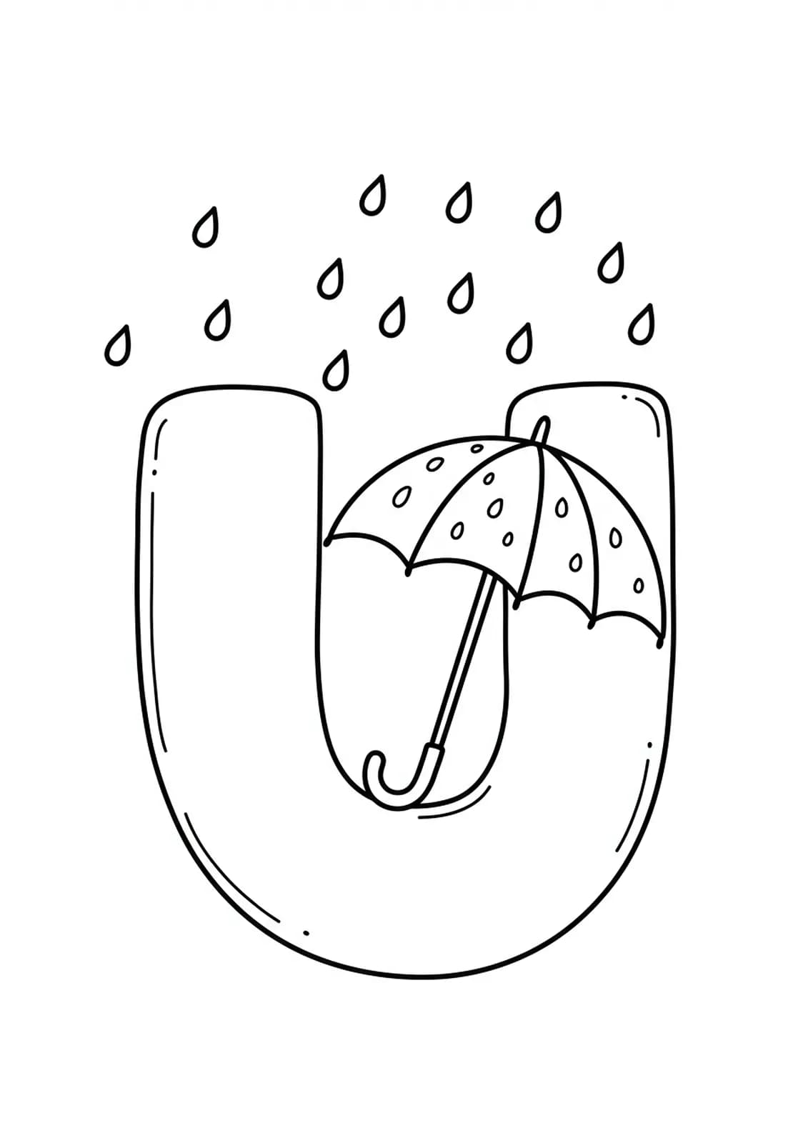 Large letter U with a simple umbrella and falling raindrops for coloring.