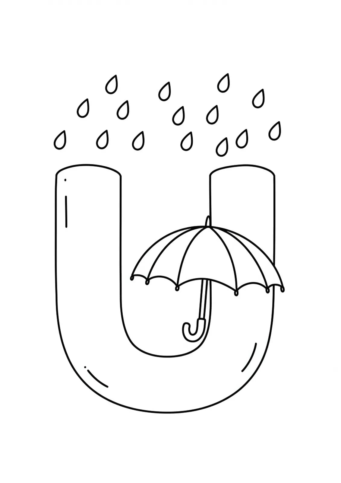 Big letter U with a simple umbrella and raindrops for coloring.