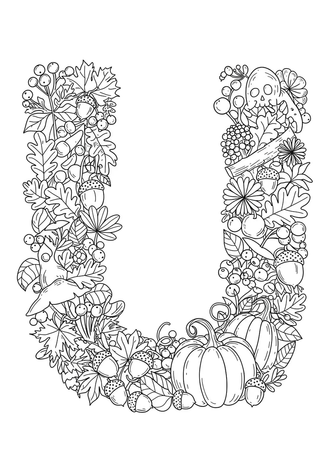 Letter U surrounded by autumn leaves, acorns, pumpkins, and fall scenery for coloring.