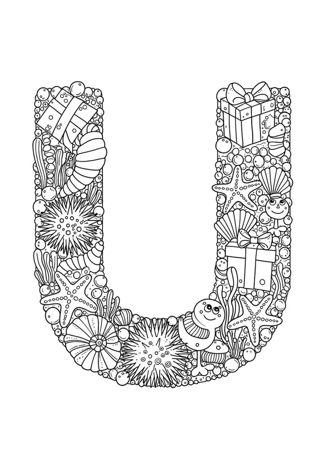 Letter U decorated with holiday ornaments, sea urchins, starfish, and festive elements for coloring.