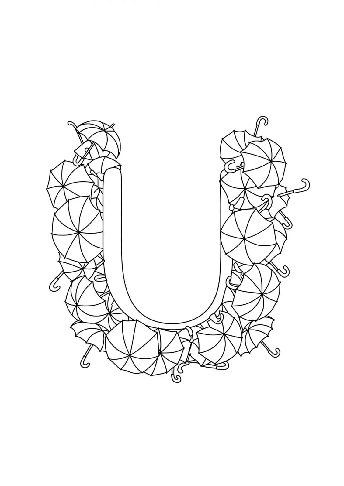 Letter U with a parade of easy-outlined umbrellas around it on a simple coloring page.